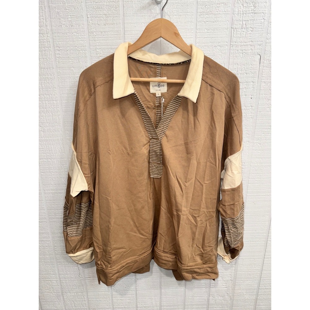 Umgee Plus Polo Sweatshirt Women 2XL Brown Cream Striped Mixed Media NWT WK8932